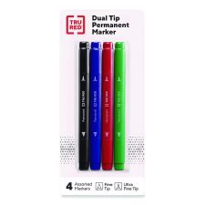 TRU RED Permanent Marker, Pen-Style Twin-Tip, Extra-Fine/Fine Bullet/Needle Tips, Assorted Colors, 4/Pack