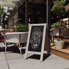 Canterbury 40" x 20" Graywashed Wooden Indoor/Outdoor A-Frame Magnetic Chalkboard Sign Set with 8 Chalk Markers, 10 Stencils, 2 Magnets, and Eraser