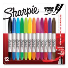 Sharpie Brush Tip Permanent Marker, Twin Tip, Ultra-Fine Needle/Broad Brush Tips, Assorted Colors, 12/Pack