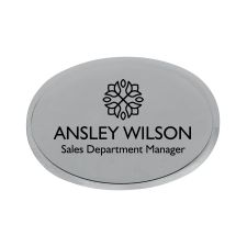 Engraved Metal Name Badge, 1 15/16" x 2 11/16" Oval, Silver (1/PK)