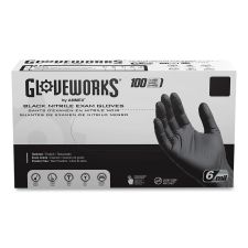 GloveWorks by AMMEX Nitrile Exam Gloves, Powder-Free, XX-Large, 6 mil Thick, 9.5" Long, Black, 100/Box, 10 Boxes/Carton