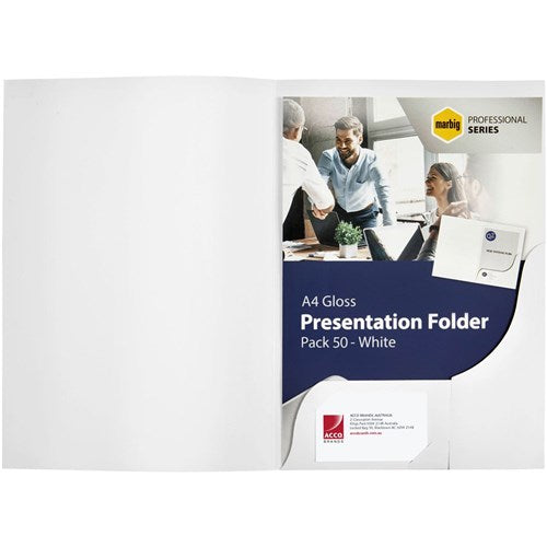 Marbig Professional Series Presentation Folders A4 Gloss White Box Of 50