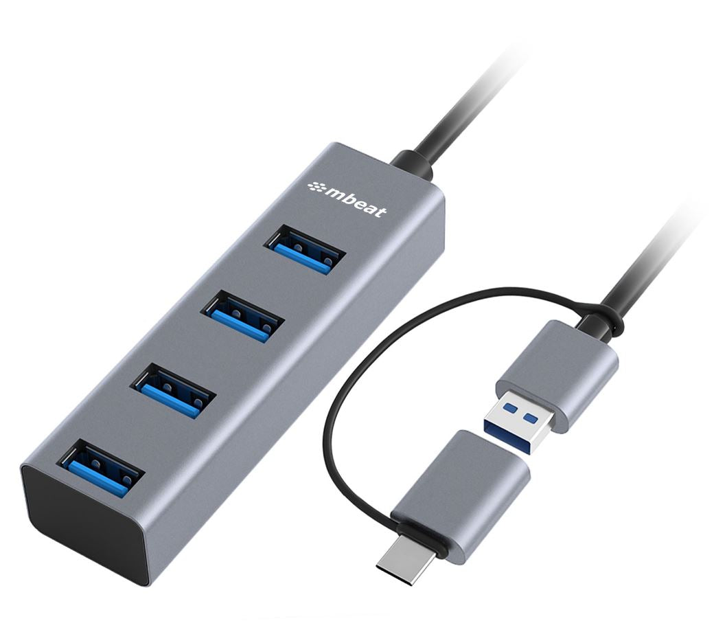 mbeat 4-Port USB 3.0 Hub with 2-in-1 USB 3.0 & USB-C Converter - Space Grey transfer speeds up to 5Gbps  Material: Aluminium Weight: 48g