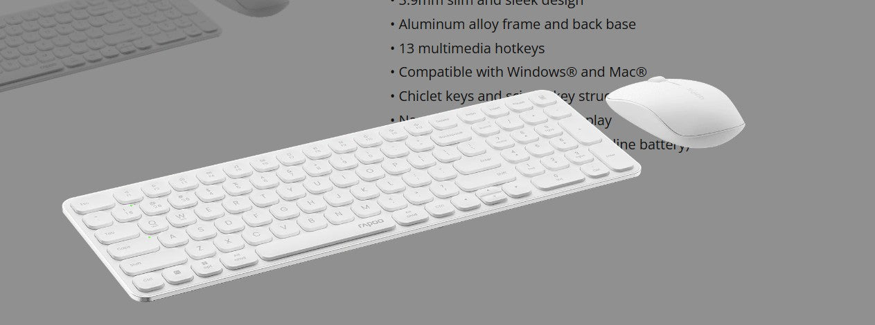 RAPOO 9320M Bluetooth 4.0, 5.0   2.4G  Wireless Multi-mode Keyboard Mouse Combo, Aluminum Base, 2400 DPI, 10M Range, Compact White Retail Pack
