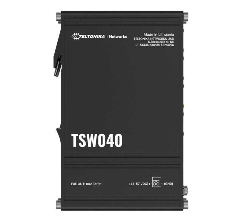 Teltonika TSW040 - 8-port PoE  Switch (7-57 VDC, or 44-57 VDC for PoE-out) Integrated DIN Rail Bracket - 10/100 Mbps, supports auto MDI/MDIX crossover