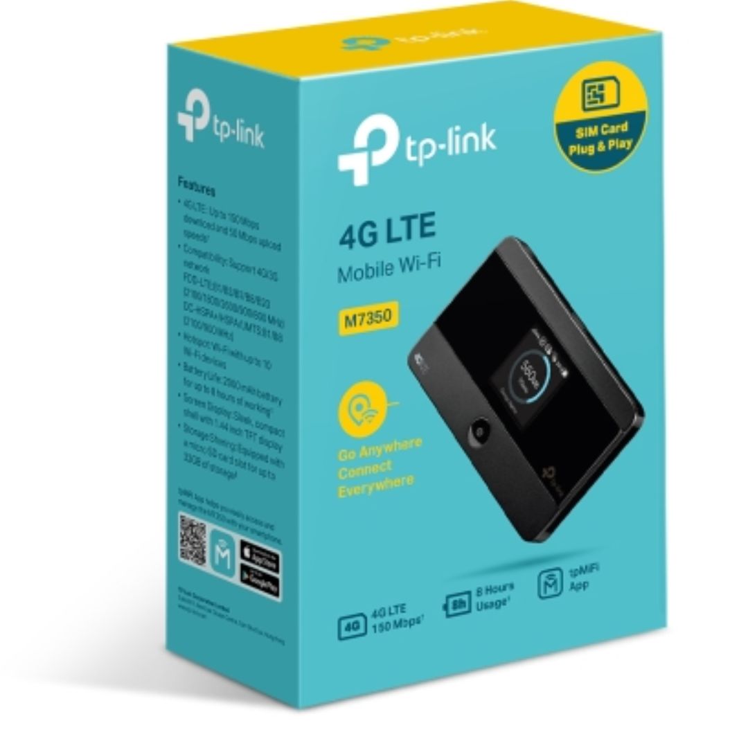 TP-Link M7350 4G-LTE Mobile Wi-Fi 150Mbps DL 50Mbps UL 4G SIM Card   microSD Slot 2000mAh 8hrs Rechargeable Battery for 10 Devices iOS/Android App