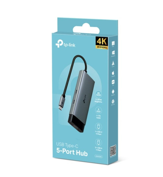 TP-Link UH5020C USB Type-C 5 in 1 Hub, 4K@60Hz HDMI, 100W Power Delivery, 1 USB-C Data Port, 2 USB-A Data Ports.