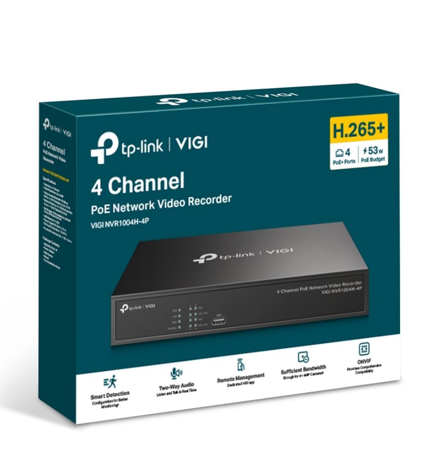 TP-Link VIGI NVR1004H-4P 4 Channel PoE  Network Video Recorder, 24/7 Continuous Recording, 4K HDMI Video Output & 16MP Decoding (HDD Not Included)