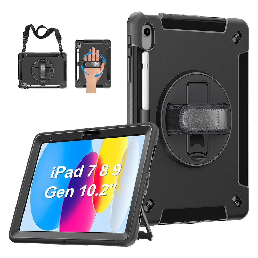 USP Rugged Apple iPad (10.2') (9th/8th/7th Gen) Case Black - Built-in-Kickstand, Adjustable Hand Strap, Pen Holder, DropProof, ShockProof