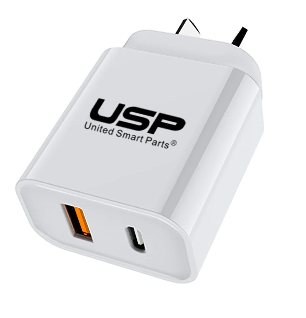 USP 20W Dual Port (20W USB-C PD   18W USB-A QC3.0) Fast Wall Charger White - Safe Charge,Charge 2 Devices Simultaneously,Short-Circuit Protection