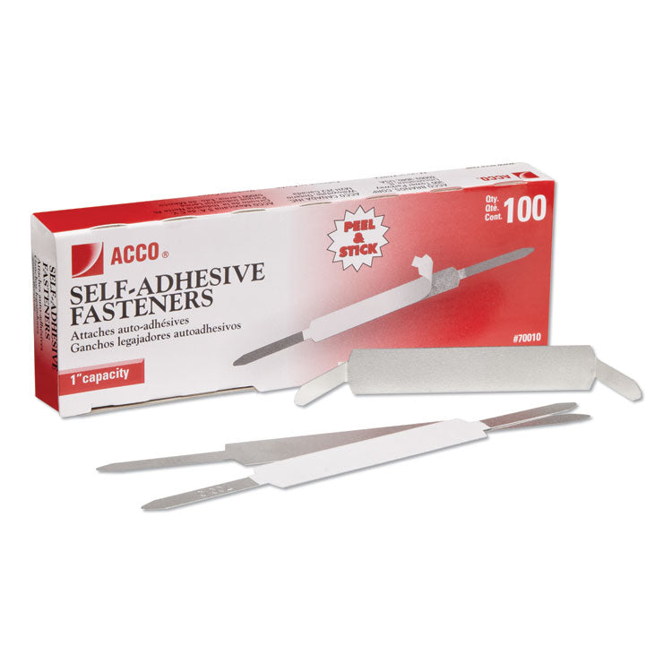 ACCO Self-Adhesive Two-Prong Paper Fastener Bases, 1" Capacity, 2.75" Center to Center, Matte Steel, 100/Box (ACC70010) Box of 100 Fasteners
