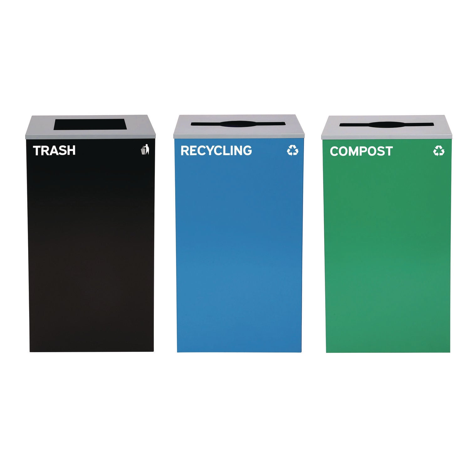 Alpine Industries 29 Gallon Trash/Recycling Cans, Steel, Blue Recycling Can and Green Compost Can w/Mixed Lids, Black Trash Can with Square Lid (ALH4450BLKKIT27) Each