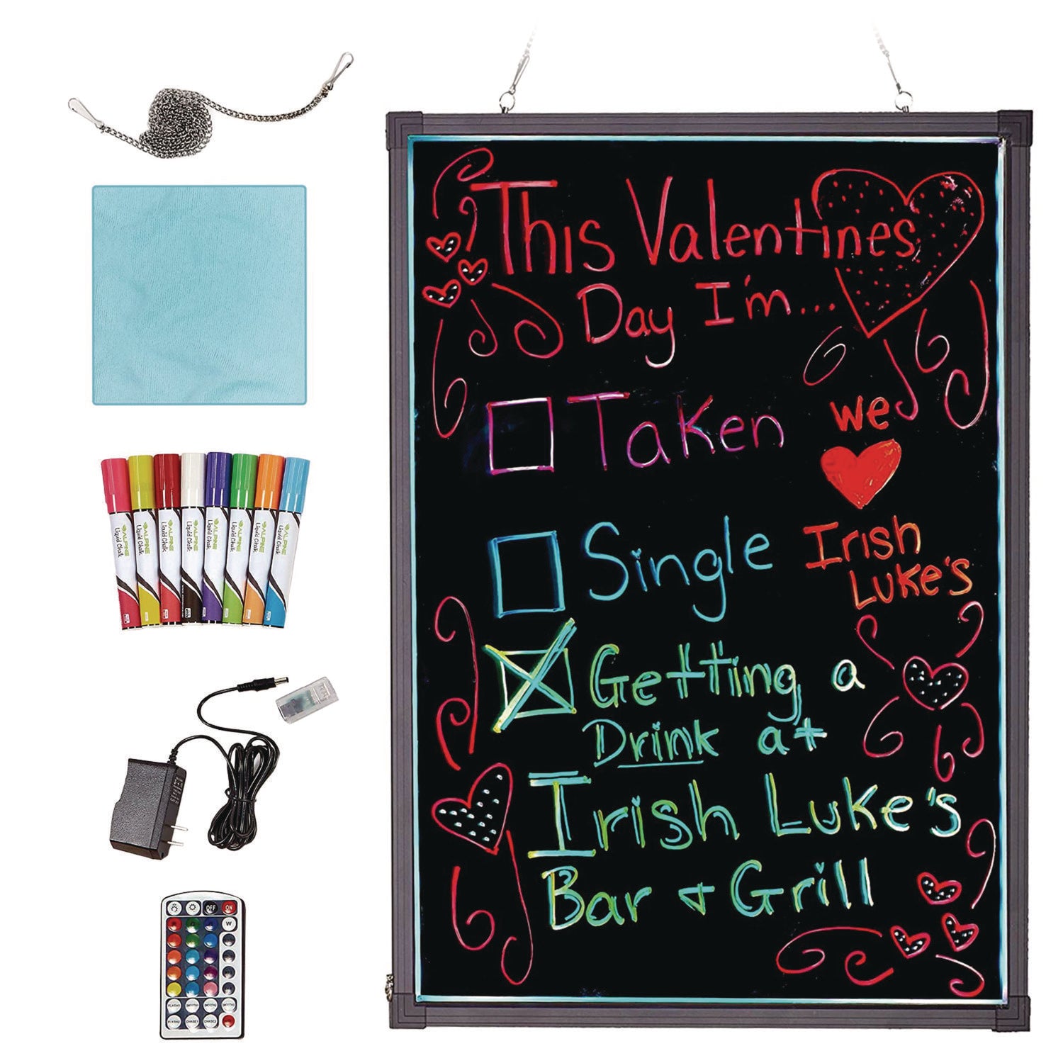 Alpine Industries LED Illuminated Hanging Message Writing Board, 23.6" x 31.5", Black Surface, Black Aluminum Frame (ALHALP49504) Each