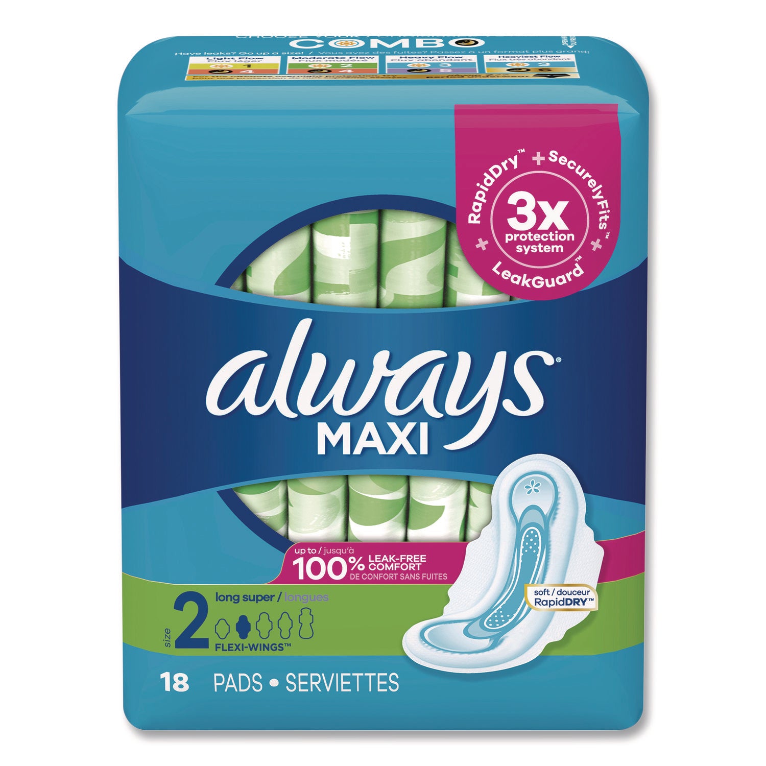 Always Maxi Long Super Daytime Pad with Wings, Size 2, Super Absorbency, 18/Pack, 8 Packs/Carton (PGC03368) Case of 8
