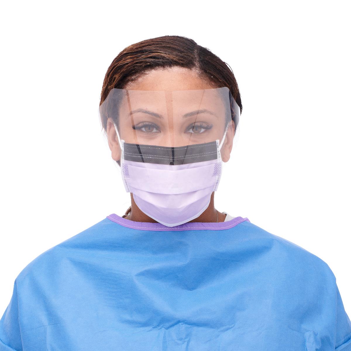 ASTM Level 3 Procedural Face Mask with Eye Shield and Ear Loops, Anti-Fog Foam, Anti-Glare Strip, Purple, 25/BX (NON27410ELZ) Box of 25