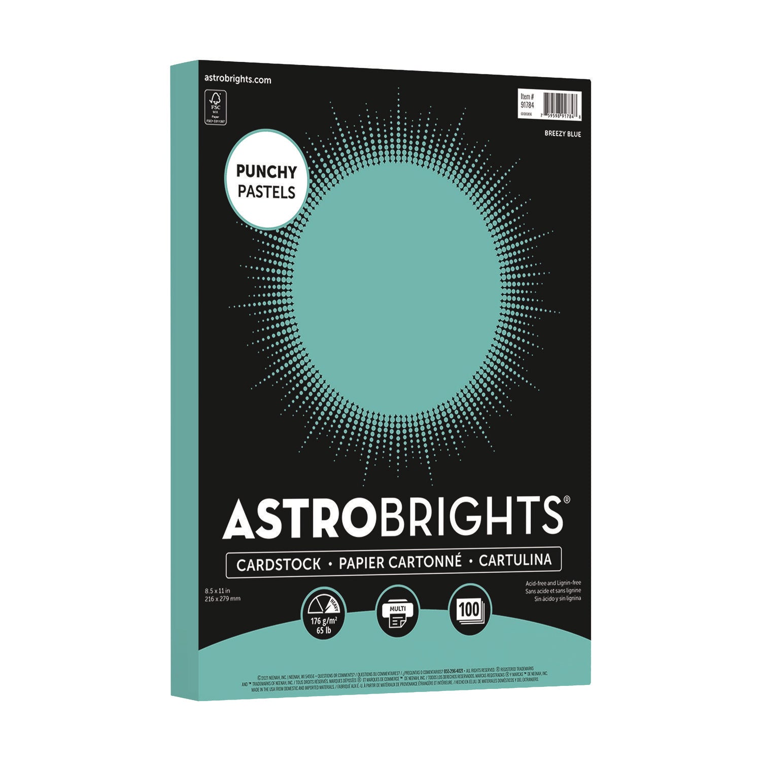 Astrobrights Color Cardstock -"Punchy Pastels" Assortment, 65 lb Cover Weight, 8.5 x 11, Breezy Blue, 100/Pack (WAU91784) Pack of 100