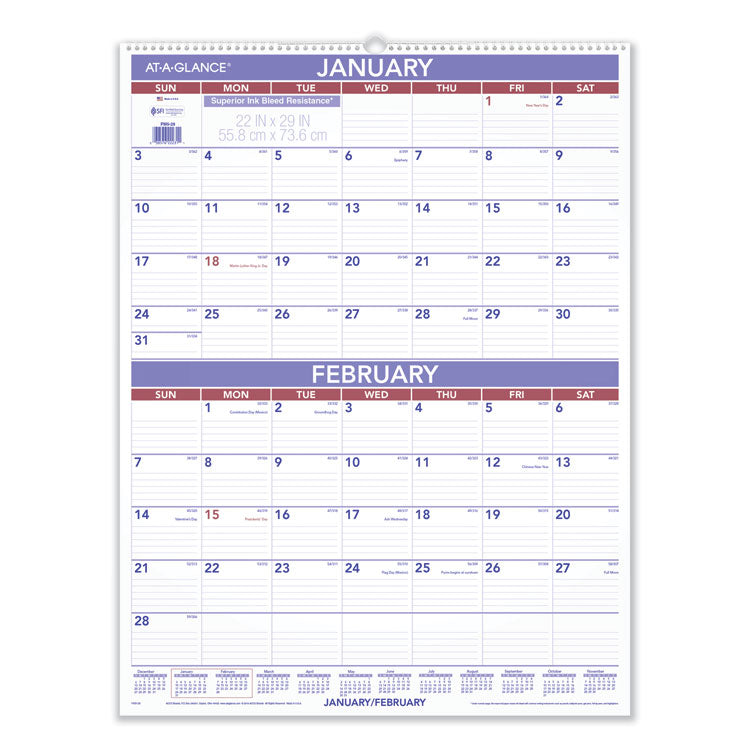 AT-A-GLANCE Two-Month Wall Calendar, 22 x 29, White/Blue/Red Sheets, 12-Month (Jan to Dec): 2026 (AAGPM928) Each