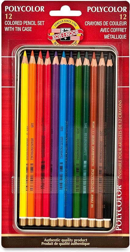 Koh-I-Noor Polycolor Drawing Pencil Set, 12 Assorted Colored Pencils in Tin and Blister Carded, 1 Each (FA 381612BC)