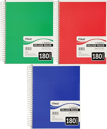 Mead Spiral Notebook 5 Subject,180 Count College-Ruled (05682)Blue