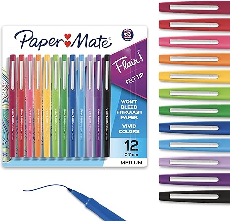 Papermate Flair Felt Tip Pens Medium Point 0.7mm Assorted Colors, Pack of 12 (PAP 74423)