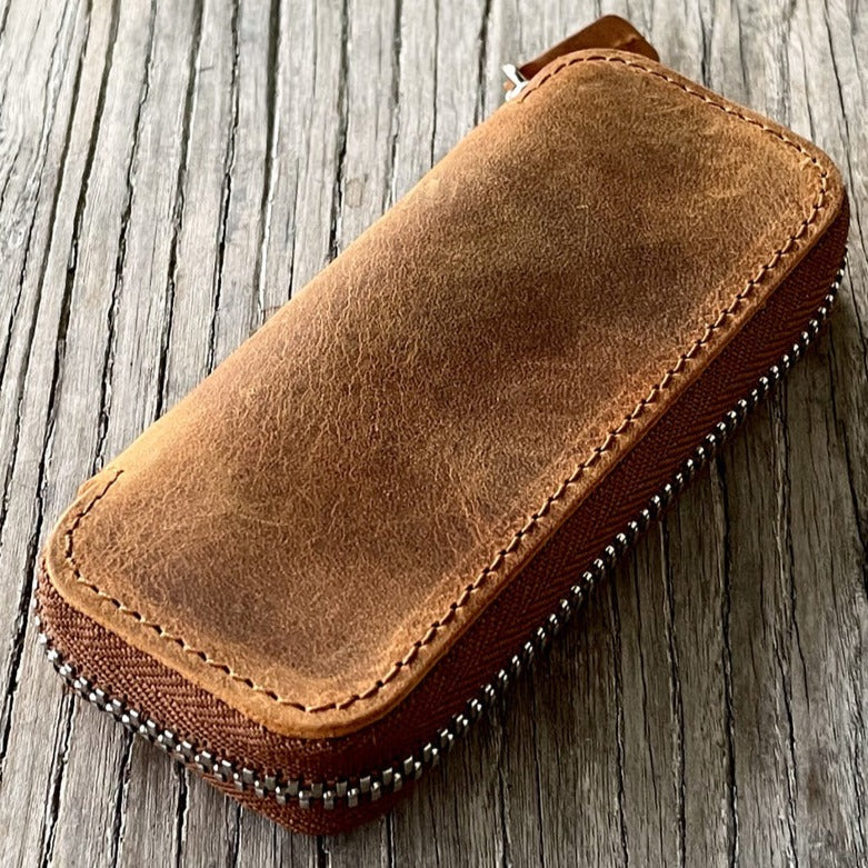 Galen Leather Double Zippered Pen Case for Kaweco Pocket Pen - Crazy Horse Brown