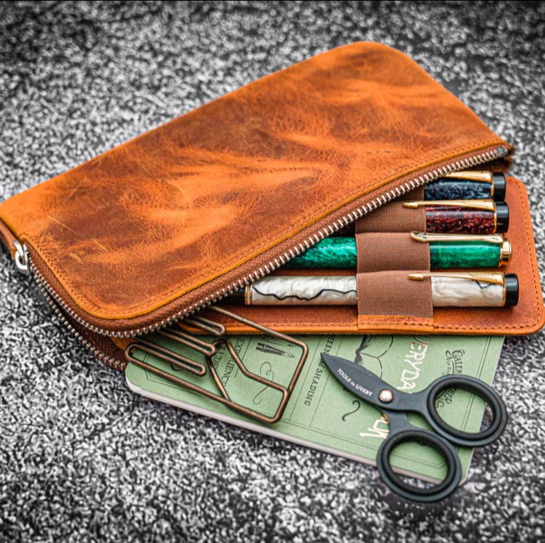 Galen Leather Slip-n-Zip 4 Slot Zippered Pen Pouch - Crazy Horse Brown