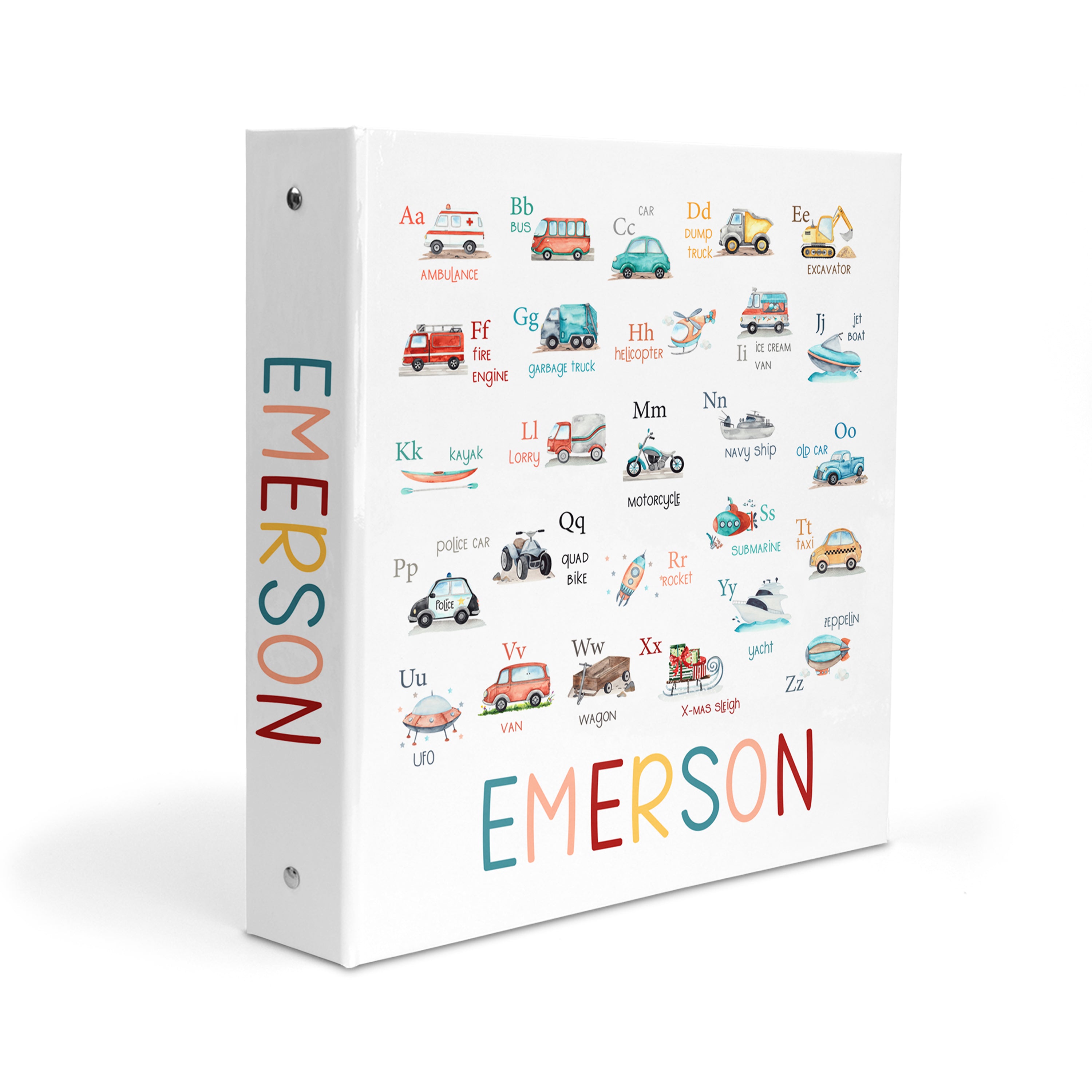 Alphabet Cars Trucks Personalized Custom 2" 3 Ring Binder  School Office Supplies