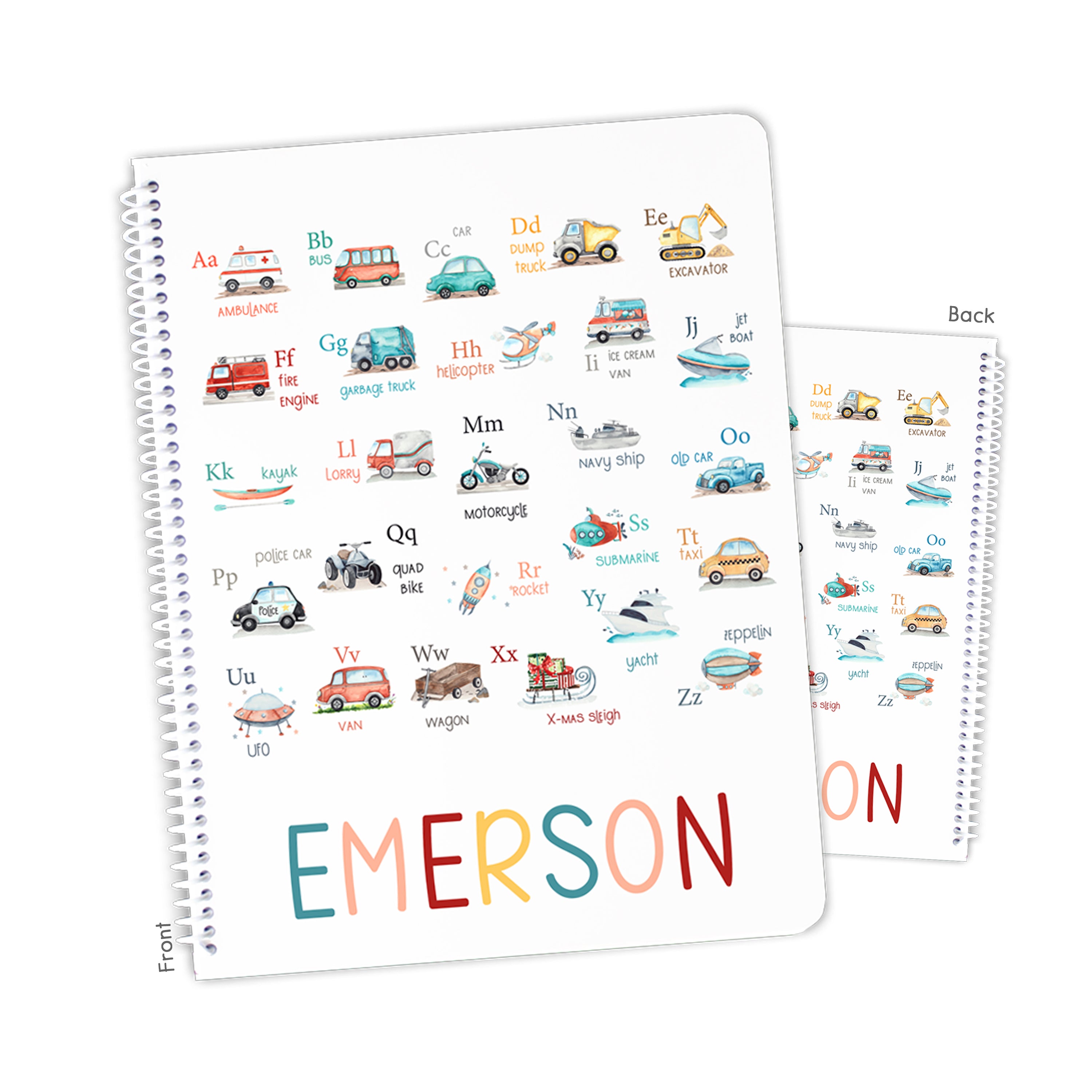 Alphabet Cars Trucks Personalized Custom Notebook or Sketchbook  School Office SuppliesNotebook (wide ruled, lined pages)
