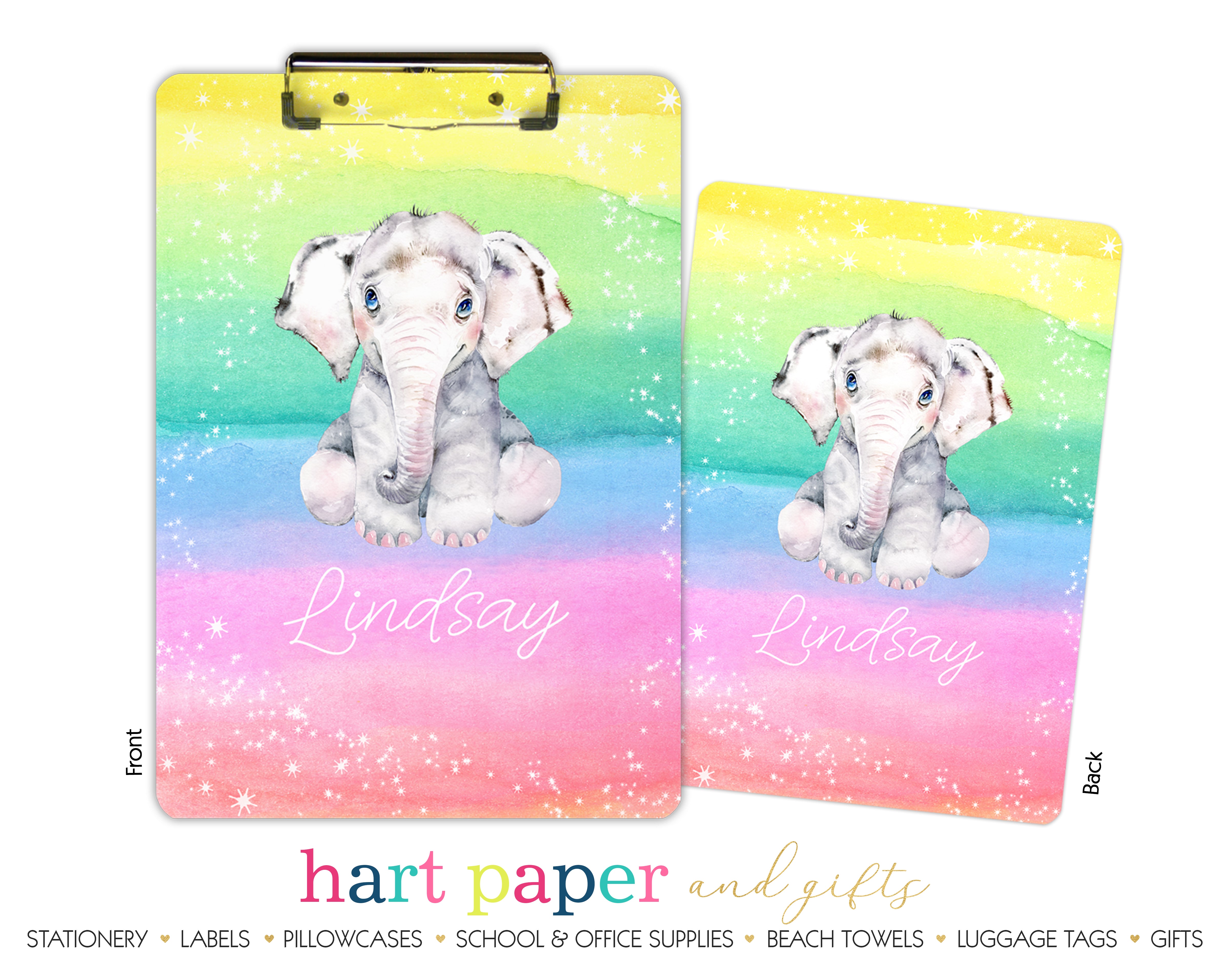 Rainbow Elephant Personalized Custom Clipboard  School Office Supplies2 Sided Clipboard - Printing on Both Sides