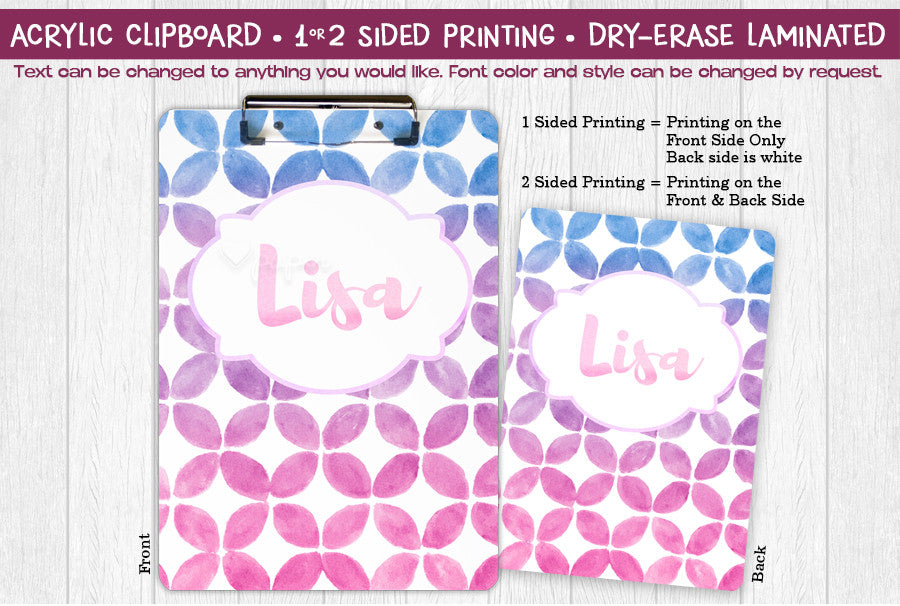 Pink Purple Ombre Personalized Custom Clipboard  School Office Supplies2 Sided Clipboard - Printing on Both Sides