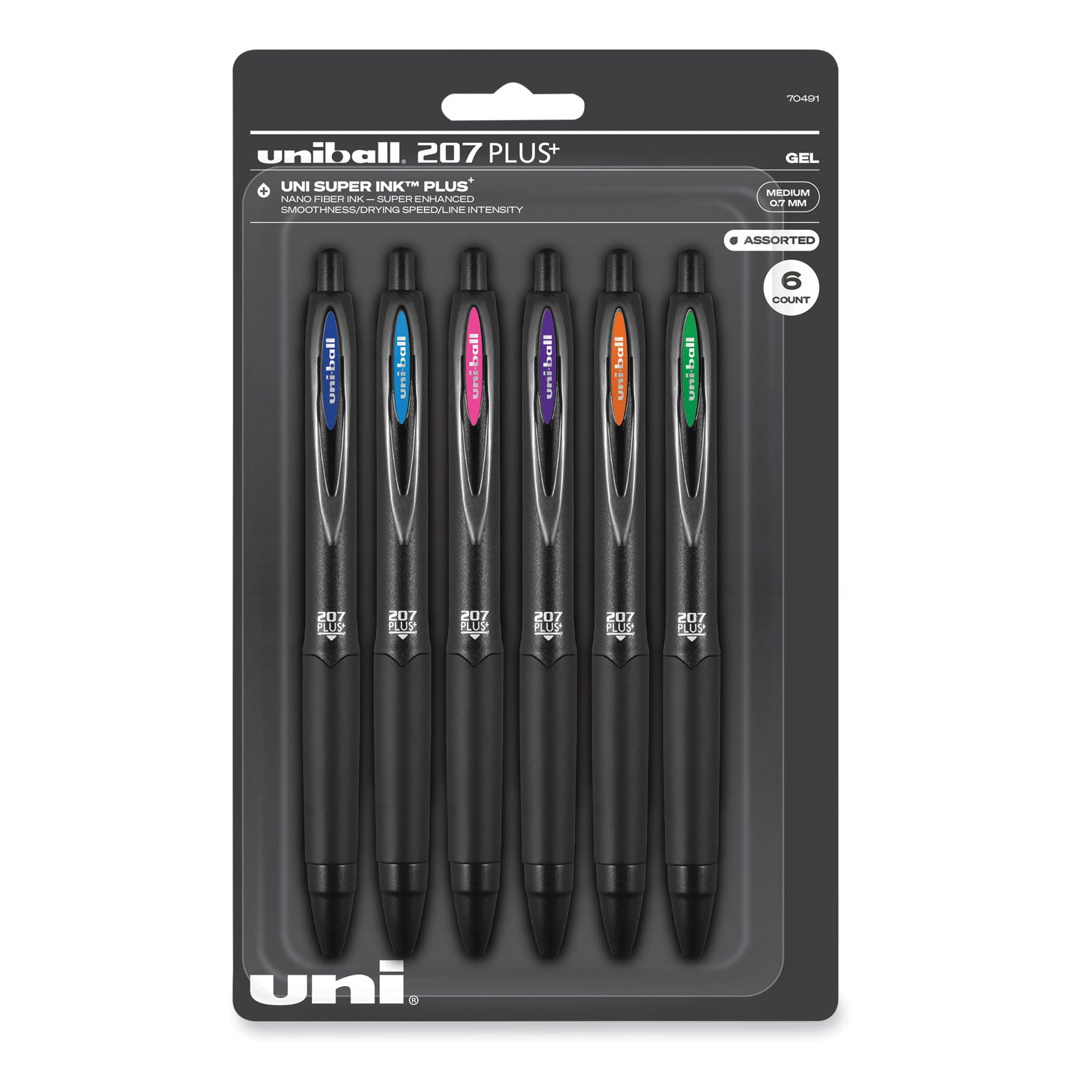 207 Plus  Gel Pen, Retractable, Medium 0.7 mm, Assorted Inspirational Ink Colors, Black Barrel, 6/Pack