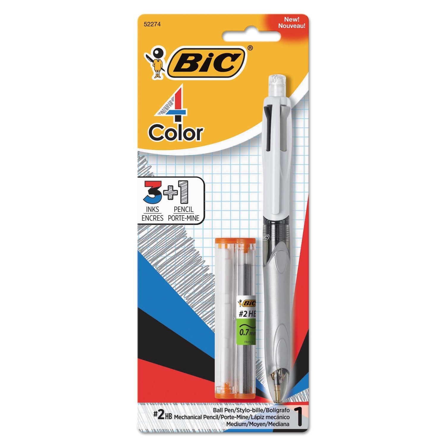 4-Color 3   1 Multi-Color Ballpoint Pen/Pencil, Retractable, 1 mm Pen/0.7 mm Pencil, Black/Blue/Red Ink, Gray/White Barrel