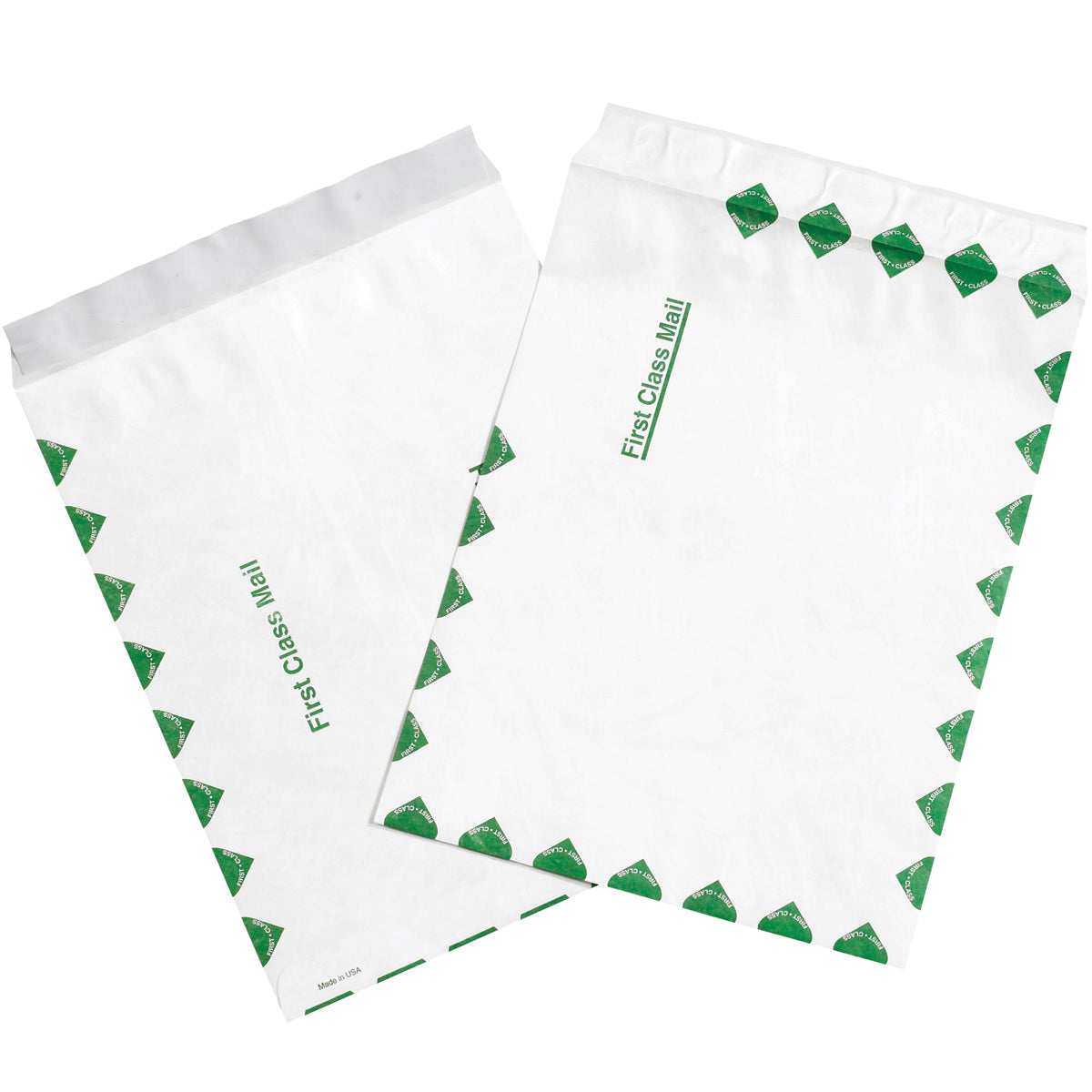 9 x 12 White Flat Tyvek Envelopes Printed First Class w/ Green Border 100/Case