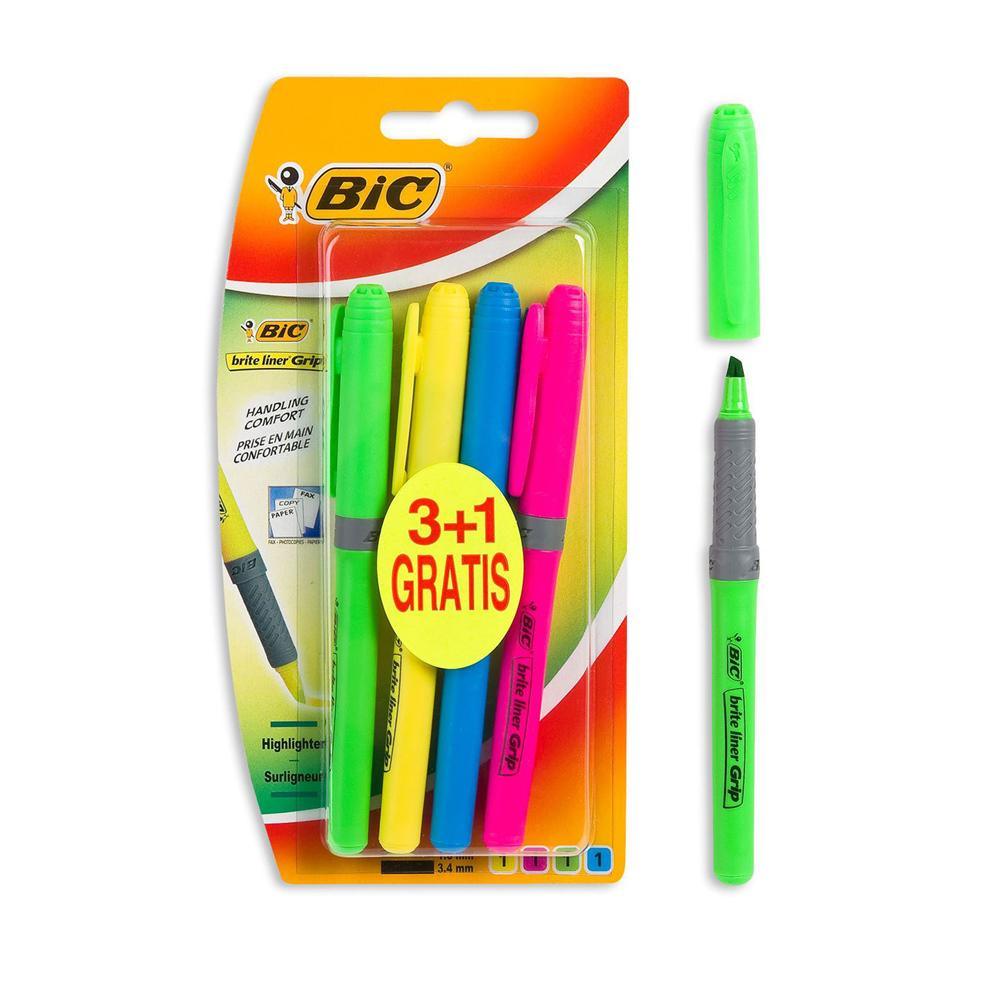 (NET) Bic Highlighter Grip Blister 3 1 Assorted / 4 Pieces