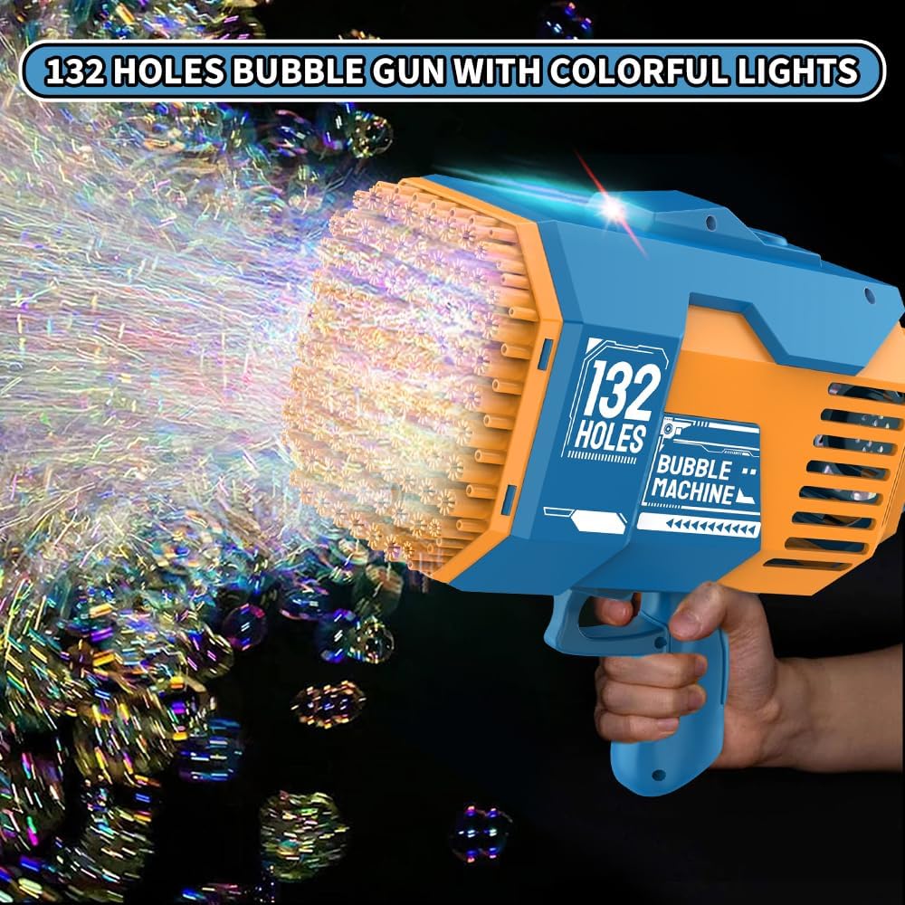(NET) Bubble Gun 132 Holes Bubble Machine Gun Bubble Blower with Colorful Lights for Kids Adults  Summer ToysBlue