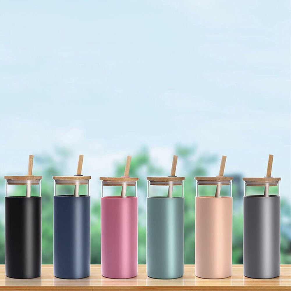 (Net) Glass Tumbler Straw Silicone Protective Sleeve Bamboo Lid 500 MLNavy