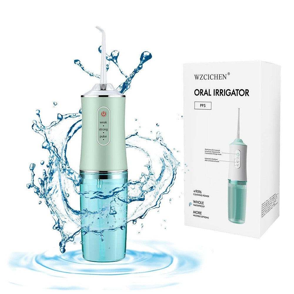 (Net) New PPS Oral Irrigator Cordless Water Flosser Dental Waterproof 4 HEAD / 521485Green
