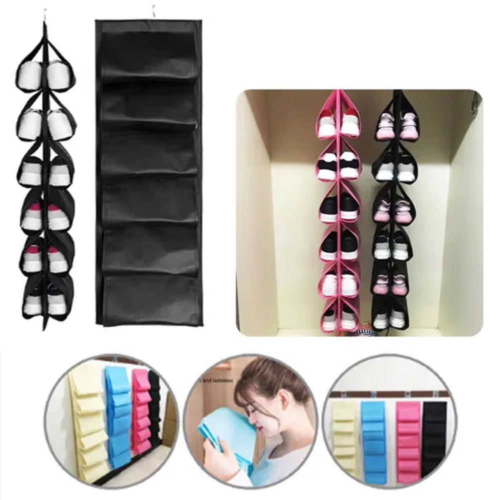 12 Pockets Hanging Shoe Organizer for Closet with Hanger for Storage Mens Shoes,Kids ,Also can used as Travel shoe rack hangingBlue
