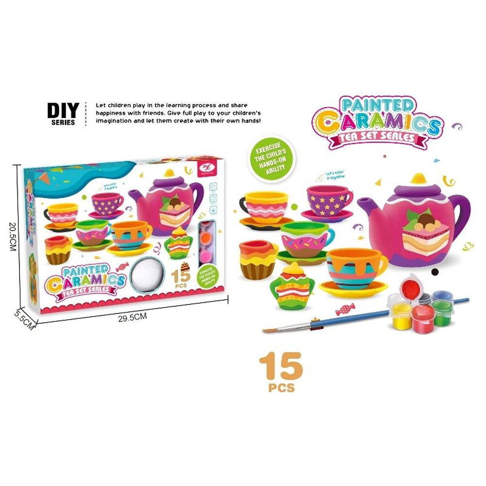 15-Piece Ceramic Desserts and Cakes Tea Set Toy with Painting Tools - Creative Play